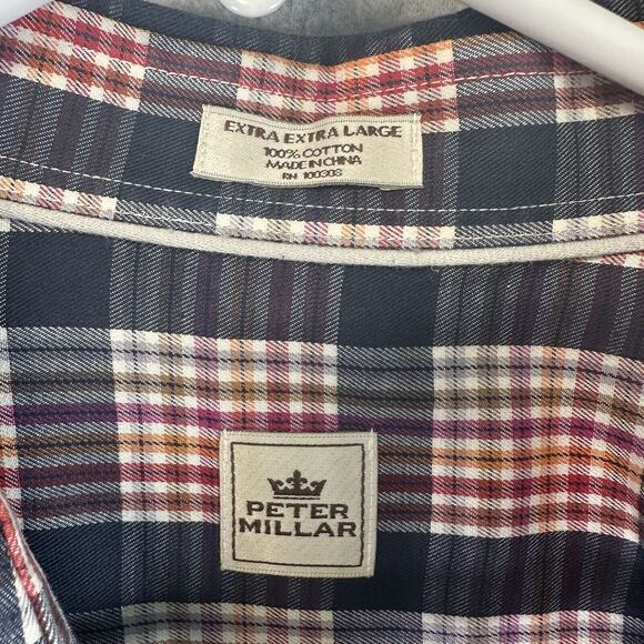Peter Millar Shirt Mens 2XL Orange Blue Windowpane Plaid Button Up Long Sleeve‎ - Picture 3 of 7